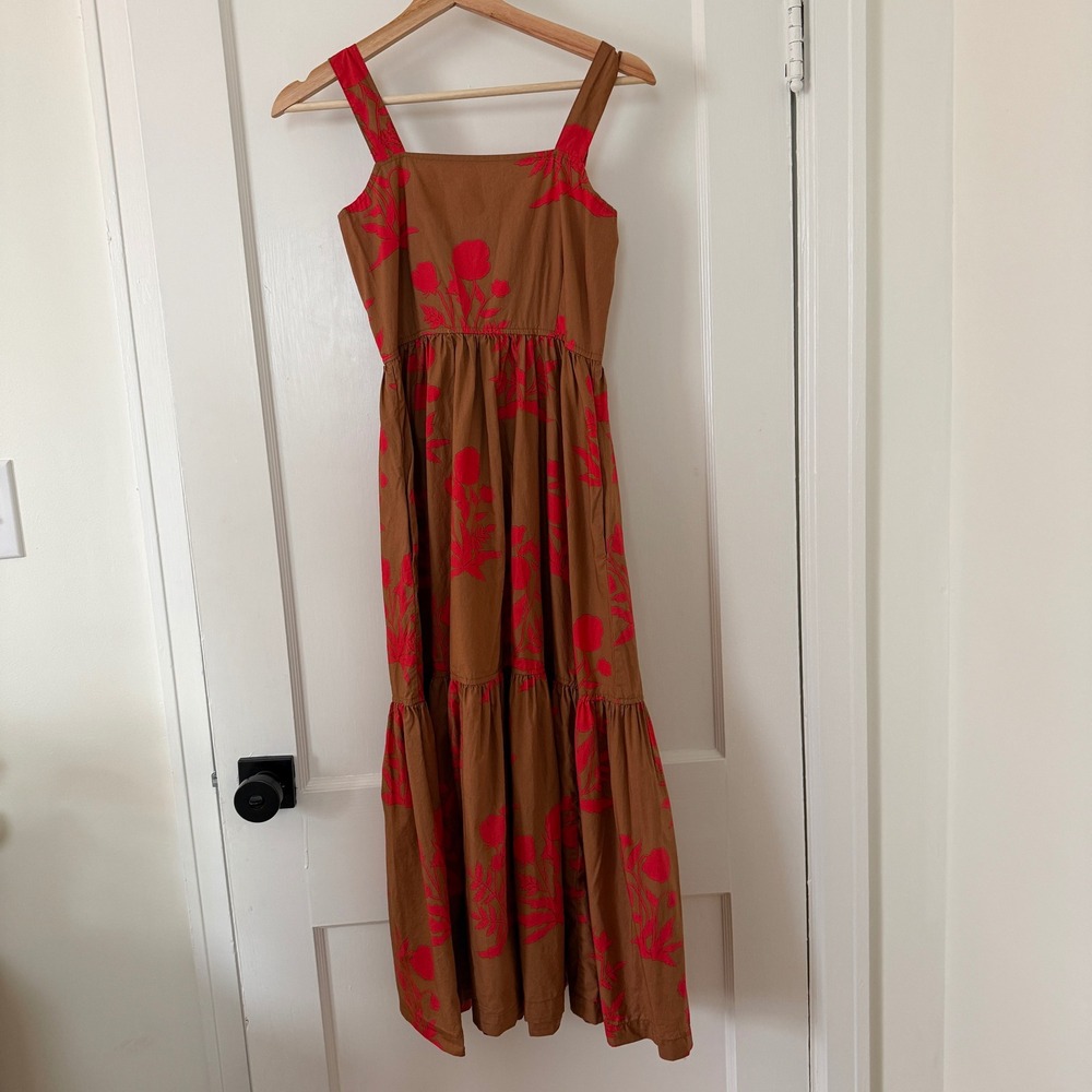 Pink Chicken Sierra Brown Red Floral Tiered Midi Dress Women XS Classic, Smocked